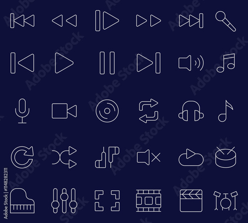 Music line icon editable stroke. contains such icons as Sound, Volume, next, Speaker, Earphones, Music,  Microphone, Headphones, Speaking, Ear, Play, Equlizer.