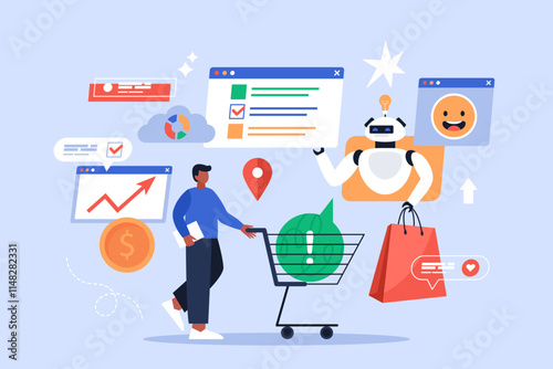 Artificial intelligence tool for customer journey mapping business concept. Modern vector illustration of people using AI technology for customer support and marketing