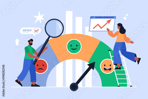 Key performance indicator, KPI analyzing success business concept. Modern vector illustration of people evaluating results and measurement