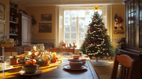 A Cozy Christmas Dinner Setup with a Festive Tree and Delicious Food