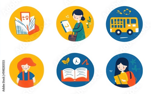 A collection of school-related icons featuring a cartoon teacher with a book, a student reading, a bus, a backpack, a clock, and digital computer symbols. 