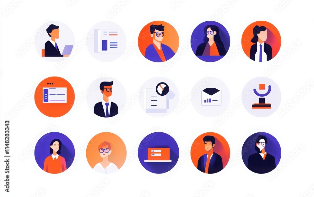 Fototapeta premium A series of minimalist portrait icons with a round background and smooth edges, displaying men and women in business attire. 