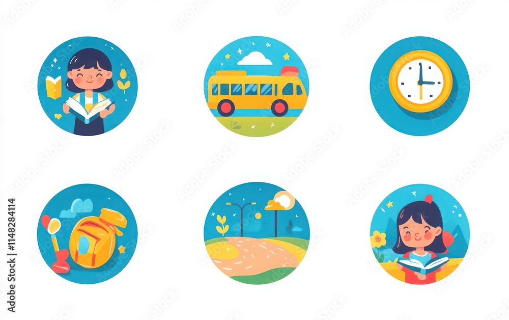 A set of school icons in flat design style with simple shapes and bright colors. The icons include a cartoon teacher holding a book, a student reading, a bus on the road, a backpack icon A set of school icons in flat design style with simple shapes and bright colors. The icons include a cartoon teacher holding a book, a student reading, a bus on the road, a backpack icon