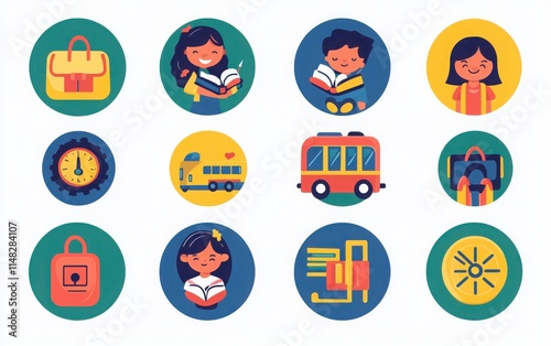 A set of school icons in flat design style with simple shapes and bright colors. The icons include a cartoon teacher holding a book, a student reading, a bus on the road, a backpack icon