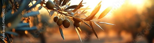 A close-up of an olive tree branch with ripe olives, set against the backdrop of an expansive olive plantation during sunset. 