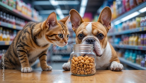 Curious cat and dog inspecting a jar of pet treats in a colorful pet supply store

