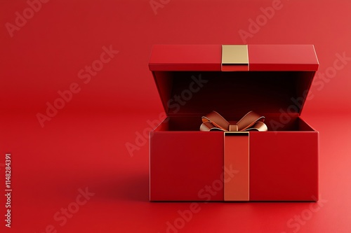 Open red gift box with gold ribbon and bow on red background. photo