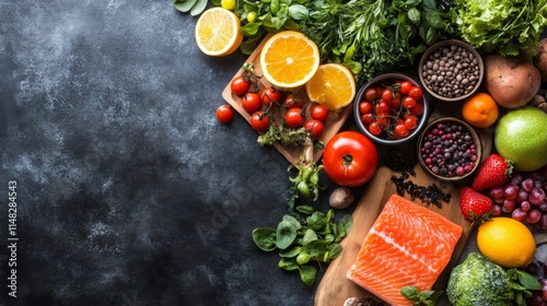 Fototapeta Naklejka Na Ścianę i Meble -  Fresh vegetables and spices on black stone