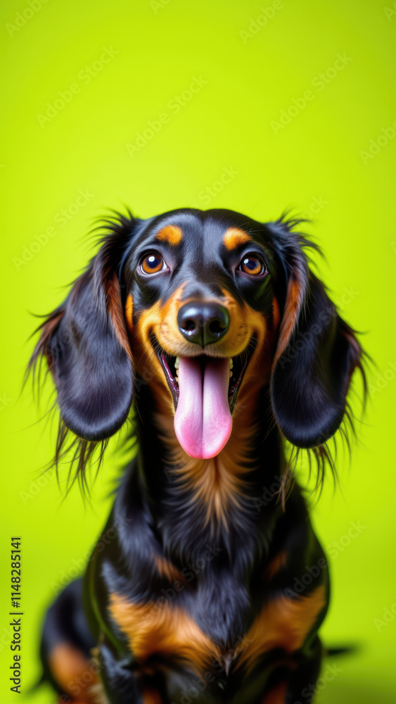 Happy long-haired dachshund sitting with tongue out against yellow background. Happy long-haired dachshund sitting with tongue out against yellow background.