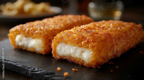 Crispy Breaded Fish Sticks Served on Dark Slate photo