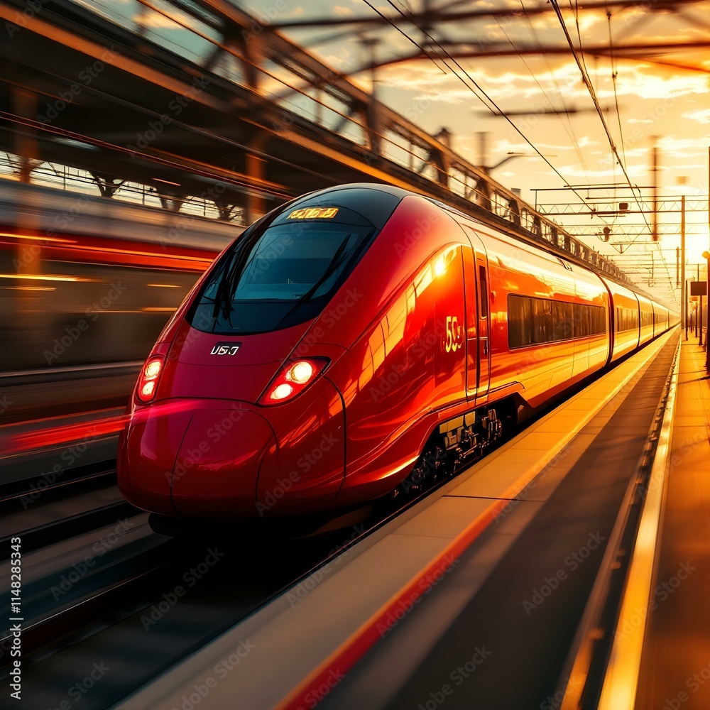 Fototapeta premium High-speed train, sleek red design, train station platform