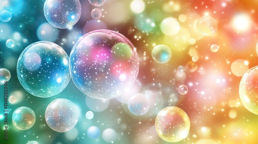 Colorful rainbow bubbles floating with bokeh lights.