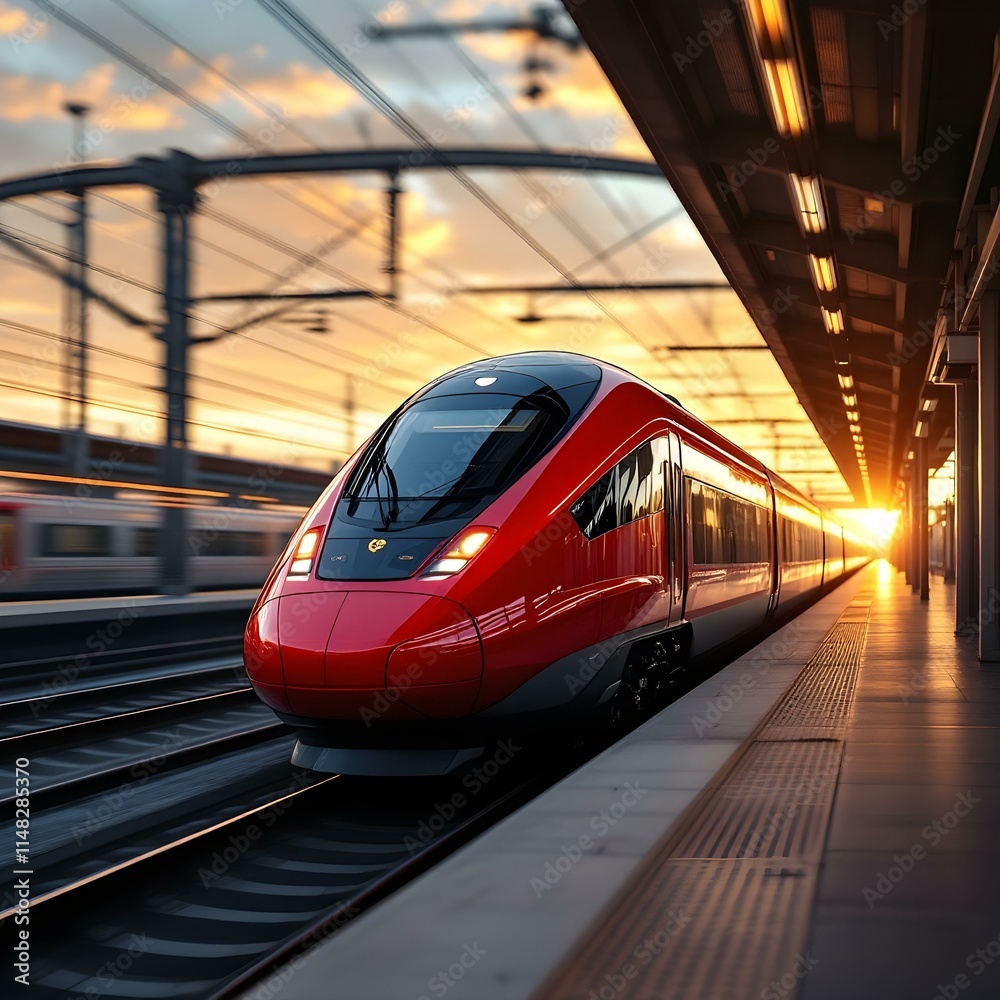 Fototapeta premium High-speed train, sleek red design, train station platform