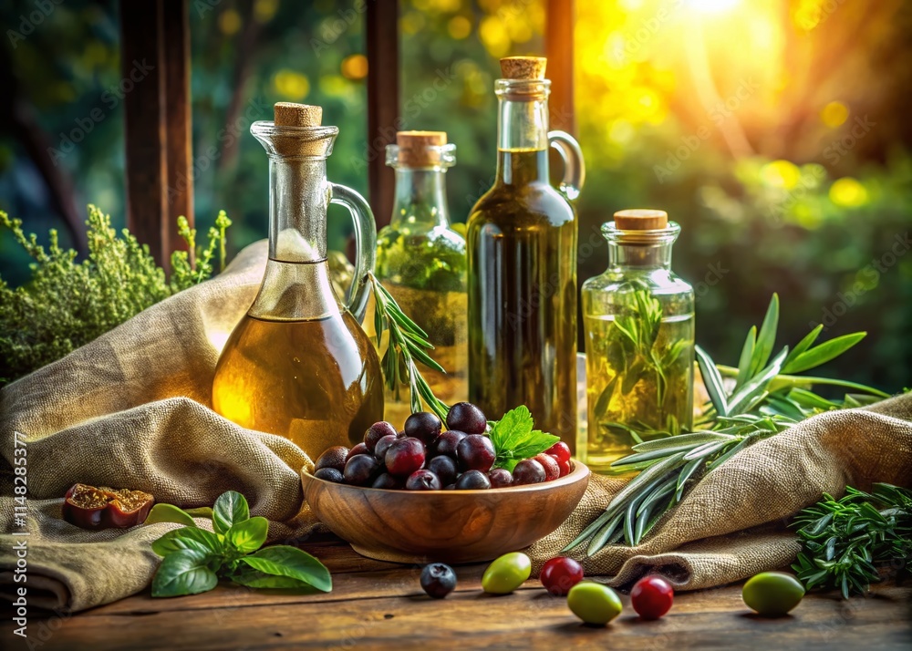 Panoramic Still Life: Golden Olive Oil Harvest - AI Generated Photography Panoramic Still Life: Golden Olive Oil Harvest - AI Generated Photography
