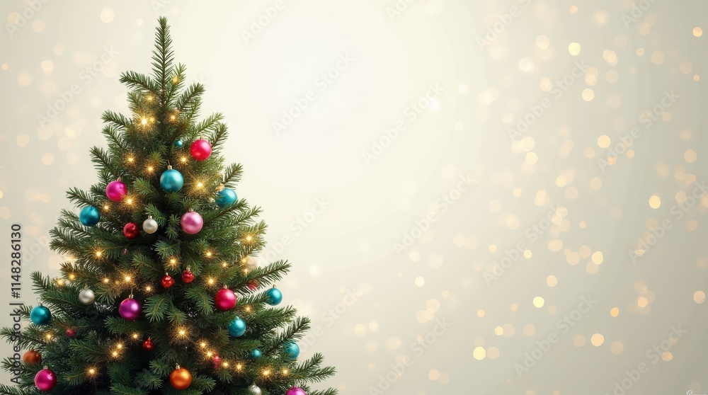 Decorated christmas tree with ornaments and lights, transparent background for festive holiday designs
