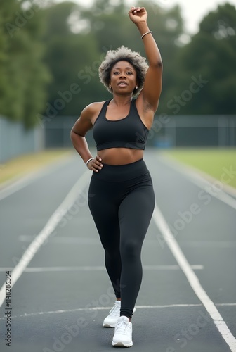 Aging black woman exercise, running track, workout