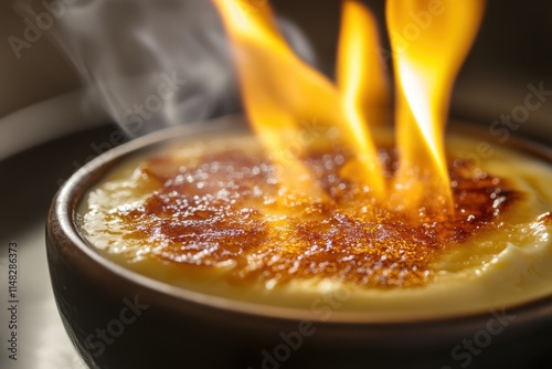 Flamb?ed Creme Caramel Dessert Dish Awaits photo