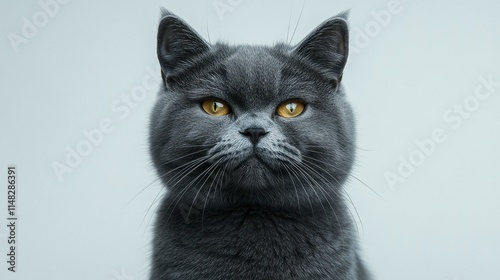 A charming grey cat winking from above a banner, isolated on a simple white background, offering a playful tone and whimsical touch to any design photo