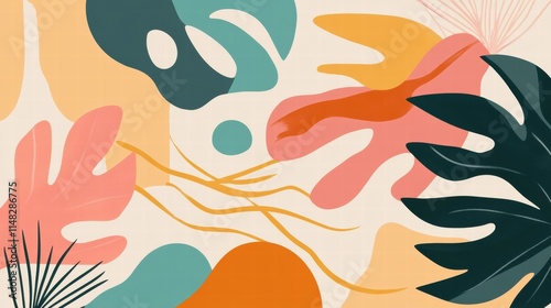 Vibrant and trendy flat design background in cartoon style, Features bold, vivid colors with a gradient palette (pink, orange, teal, and yellow) and abstract geometric shapes