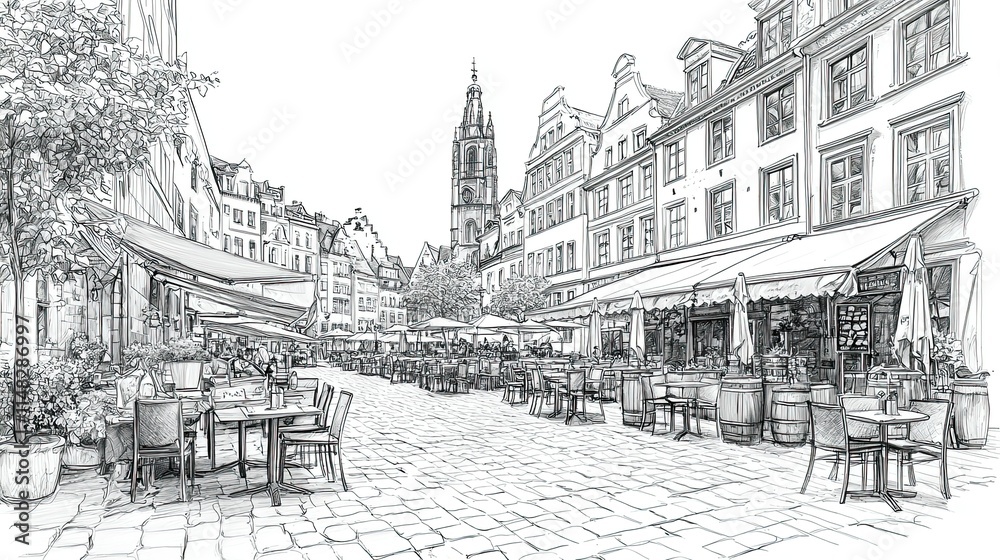 Fototapeta premium A detailed line drawing of a lively outdoor café scene in a European town.