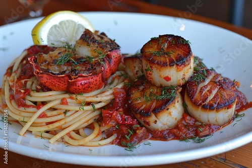 Exquisite seafood dish with lobster and scallops fine dining restaurant gourmet cuisine elegant ambiance culinary art photo