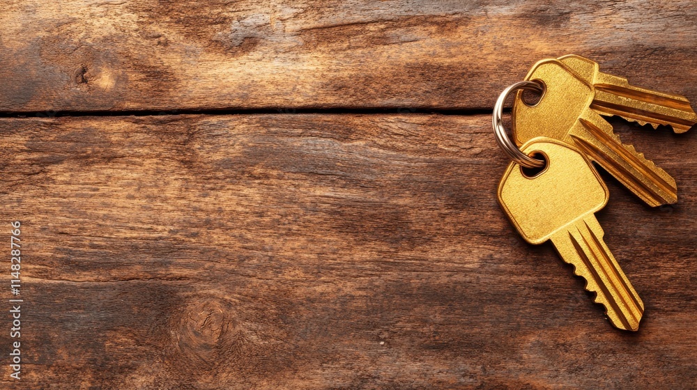 Golden Keys on Rustic Wooden Surface with Natural Texture Golden Keys on Rustic Wooden Surface with Natural Texture