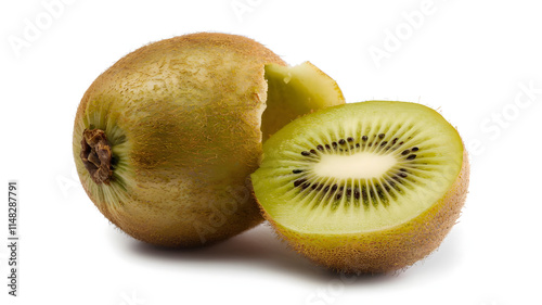 A photo of a whole kiwi fruit with green skin and a golden flesh. photo