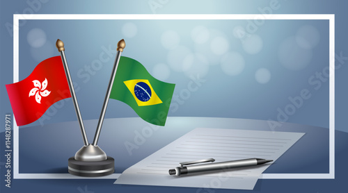 Hong Kong and Brazil National flags on small table with bokeh background, cooperative relationship