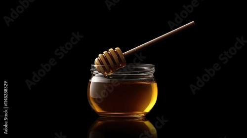 Honey Jar with Dipper on Black Background