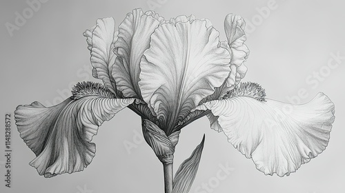 A detailed monochrome illustration of an iris flower showcasing intricate petal patterns.
