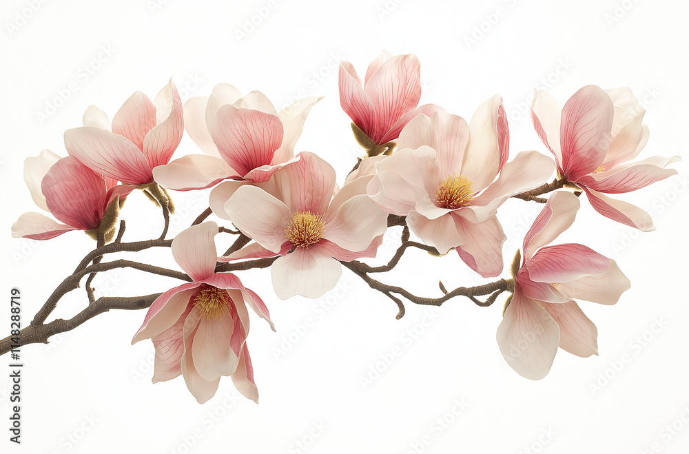 Obraz premium Beautiful pink magnolia flowers with delicate petals isolated on a white background, perfect for creative projects, commercial use, and high-resolution stock photography