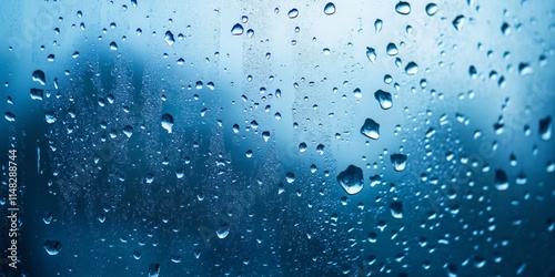 A window with raindrops on it. The raindrops are small and scattered, creating a blurry effect. Scene is calm and peaceful, as the raindrops fall gently on the window