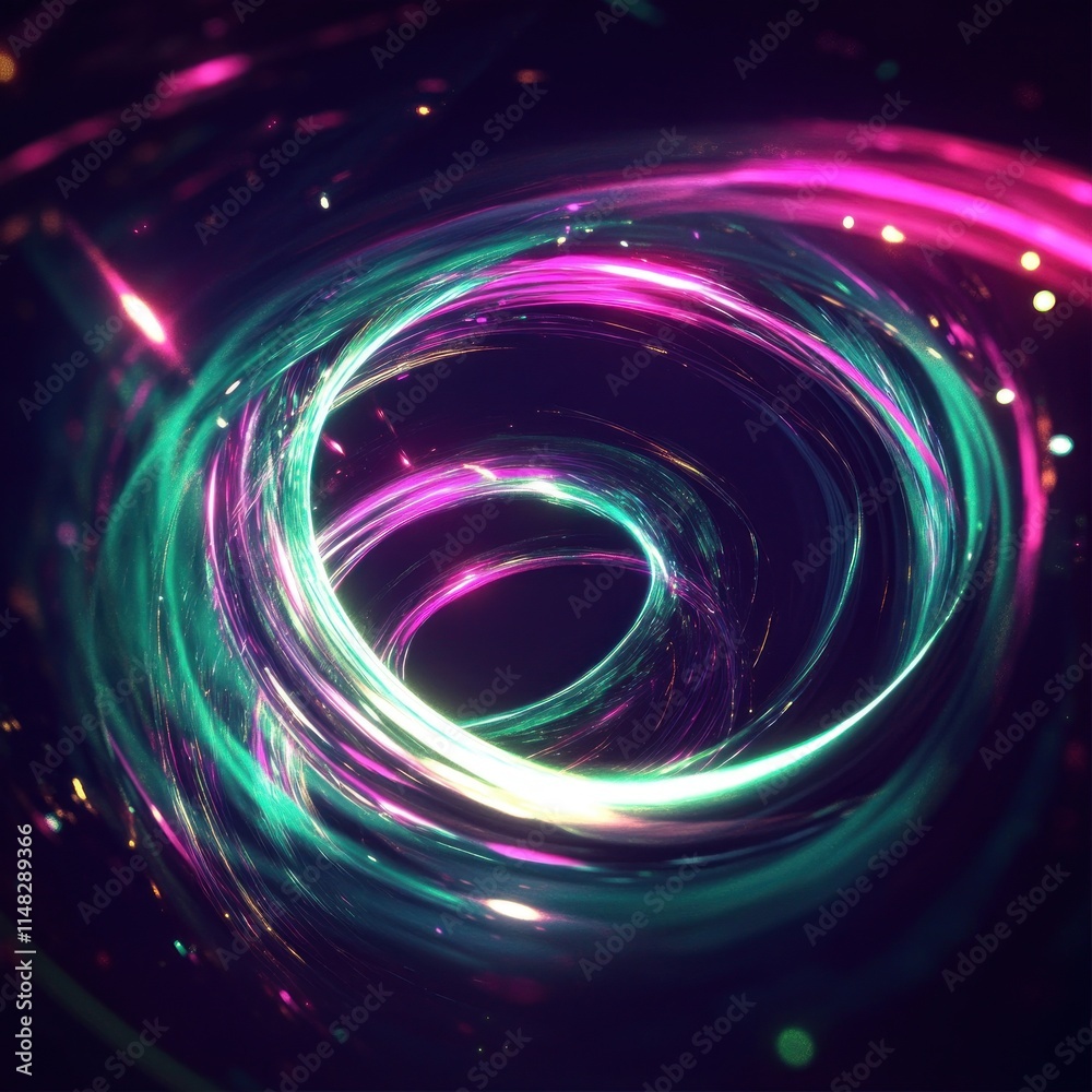 Abstract swirling neon light trails forming a vortex in dark space. Abstract swirling neon light trails forming a vortex in dark space.