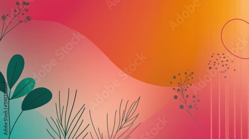Vibrant and trendy flat design background in cartoon style, Features bold, vivid colors with a gradient palette (pink, orange, teal, and yellow) and abstract geometric shapes