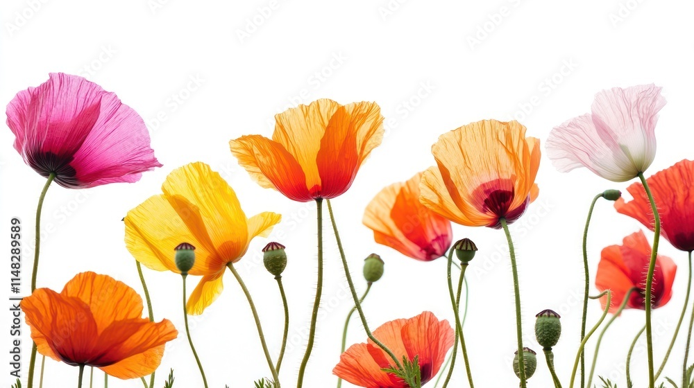 Fototapeta premium Vibrant multicolored poppies isolated on white background.
