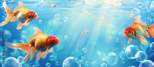 Aquarium goldfish collage on blue background, banner with copy space
