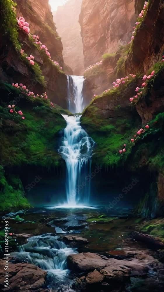 A magical garden built around a crystal-clear waterfall that cascades into a shimmering pool. Giant water lilies float on the surface, small, 4k High-Quality Wallpaper Background Animation Video