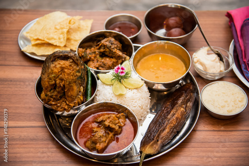 Obraz na plátne Famous Authentic Bengali Food Thali Mach Bhat in Kolkata