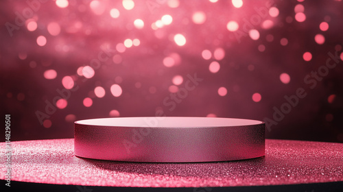 close up of empty round cylinder pedestal display or podium platform with pink glitter background