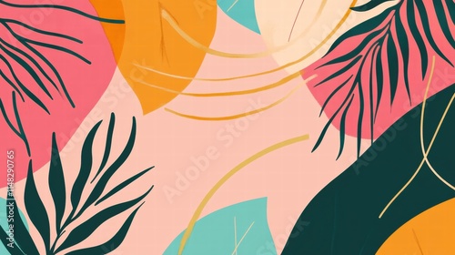 Vibrant and trendy flat design background in cartoon style, Features bold, vivid colors with a gradient palette (pink, orange, teal, and yellow) and abstract geometric shapes