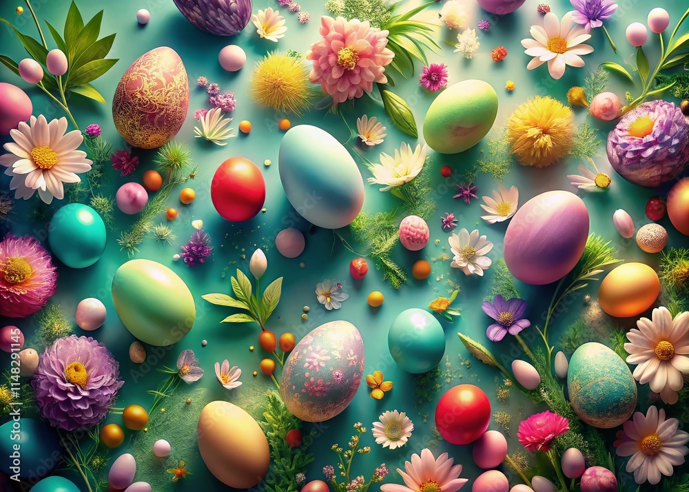 Pastel Spring Easter Background: Top View Flowers & Eggs, Holiday Generative AI Image Pastel Spring Easter Background: Top View Flowers & Eggs, Holiday Generative AI Image