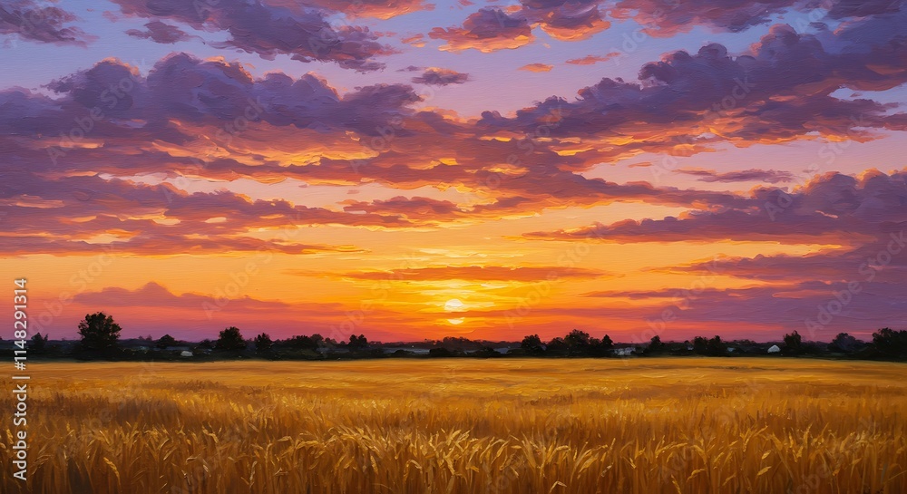 Vibrant summer sunset over golden fields with dramatic clouds and radiant sky colors creating a serene and picturesque landscape. Vibrant summer sunset over golden fields with dramatic clouds and radiant sky colors creating a serene and picturesque landscape.
