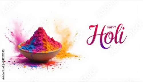 The image shows a bowl filled with vibrant colored powders (gulal) used in the Holi festival, with splashes of colors around it. The text 