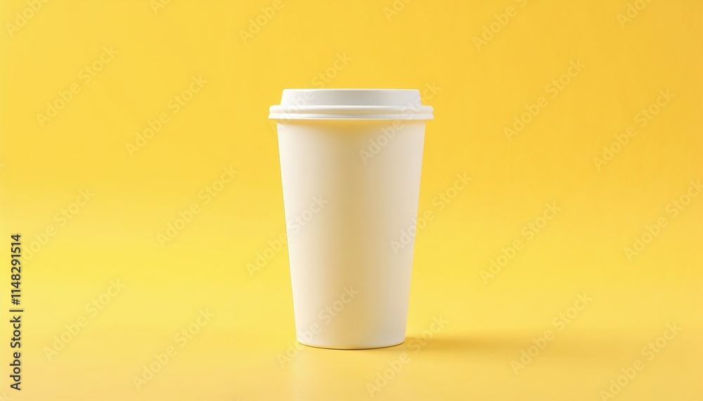 Blank coffee cup mockup on vibrant yellow background with copy space for design Blank coffee cup mockup on vibrant yellow background with copy space for design