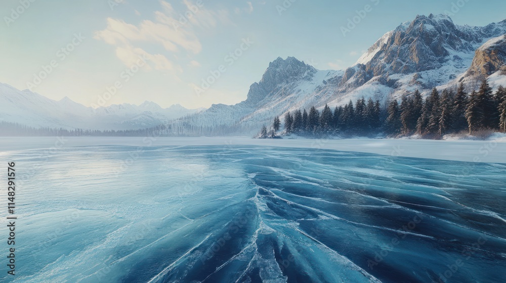 Obraz premium Frozen Lake Serenity: A Winter Wonderland in the Mountains