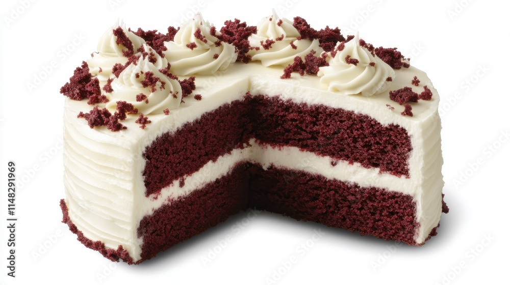 Delicious red velvet cake with cream cheese frosting, showcasing moist layers and elegant decoration. Perfect for celebrations and sweet moments. Delicious red velvet cake with cream cheese frosting, showcasing moist layers and elegant decoration. Perfect for celebrations and sweet moments.