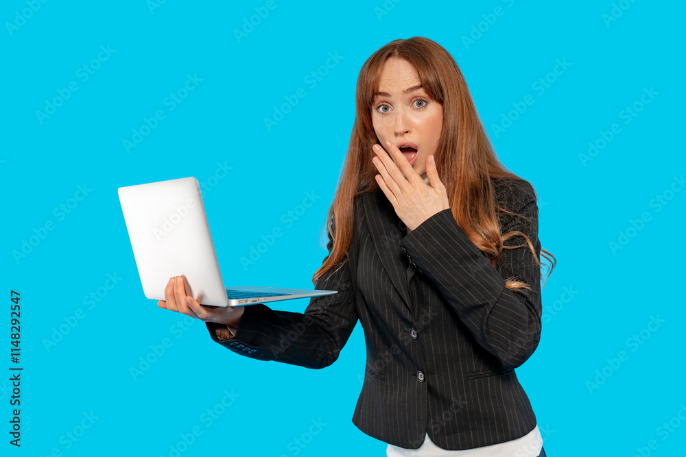 Woman in business attire looks surprised while holding a laptop against a bright blue background Woman in business attire looks surprised while holding a laptop against a bright blue background