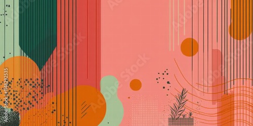 Vibrant and trendy flat design background in cartoon style, Features bold, vivid colors with a gradient palette (pink, orange, teal, and yellow) and abstract geometric shapes