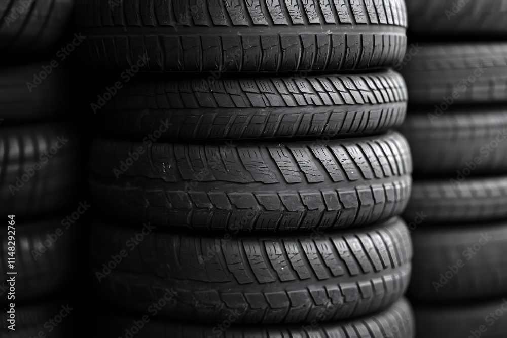 Stack of old worn black tires showing tread wear and tear Stack of old worn black tires showing tread wear and tear