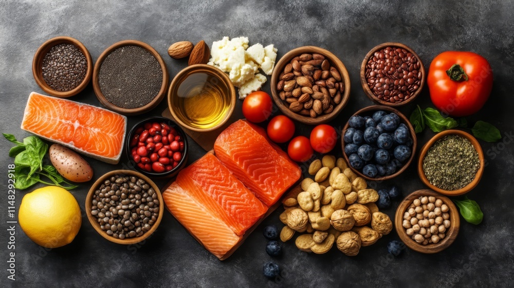 Flat lay of assorted snacks with vegetables Flat lay of assorted snacks with vegetables
